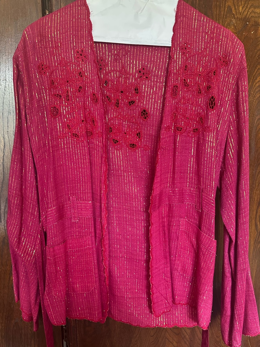 Uluwatu Fuchsia Knit Cardigan w/ Gold Tinsel and Lace Accents Handmade in Bali M